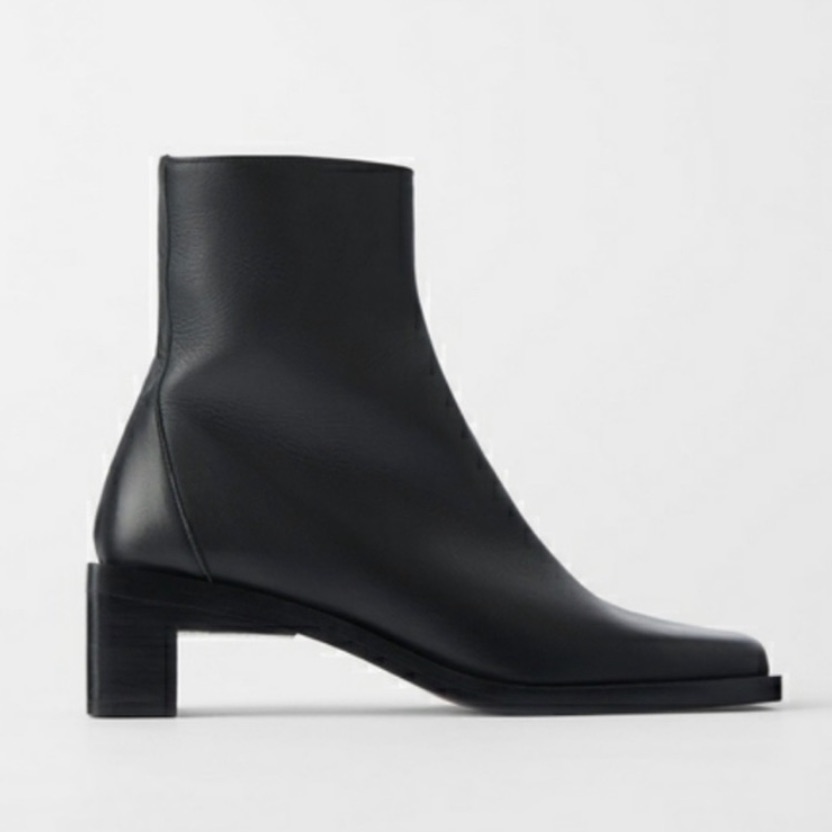 Zara Leather Square Tore Block Heel Black Boots 90s Size 40 Us Size 9